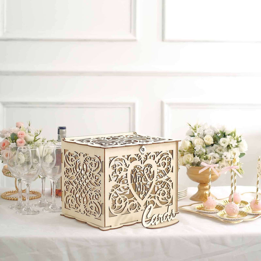 Natural Wooden Laser Cut Mr. & Mrs. Wedding Card Box With Label