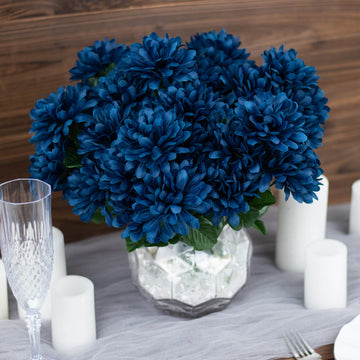 12 Bushes | Navy Blue Artificial Silk Chrysanthemum Flower Bouquets