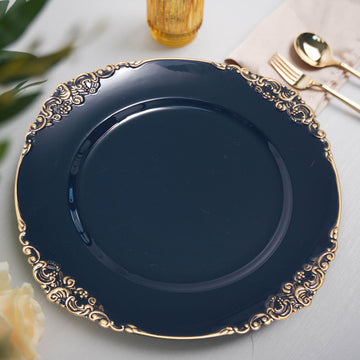 6 Pack 13" Navy Blue Gold Embossed Baroque Round Charger Plates With Antique Design Rim