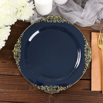 10 Pack 10" Navy Blue Plastic Party Plates With Gold Leaf Embossed Baroque Rim, Round Disposable Dinner Plates