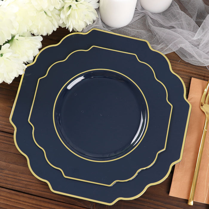 8inch Navy Blue Hard Plastic Dessert Appetizer Plates, Baroque Heavy Duty Salad Plates with Gold Rim