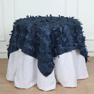 Add a Touch of Elegance with the Navy Blue 3D Leaf Petal Taffeta Fabric Seamless Square Table Overlay