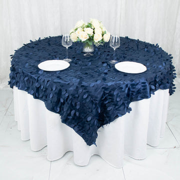 72"x72" Navy Blue 3D Leaf Petal Taffeta Fabric Table Overlay