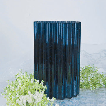 9" Navy Blue Mercury Glass Hurricane Candle Holder, Cylinder Pillar Vase - Wavy Column Design