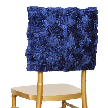 16" Navy Blue Satin Rosette Chiavari Chair Caps, Chair Back Covers