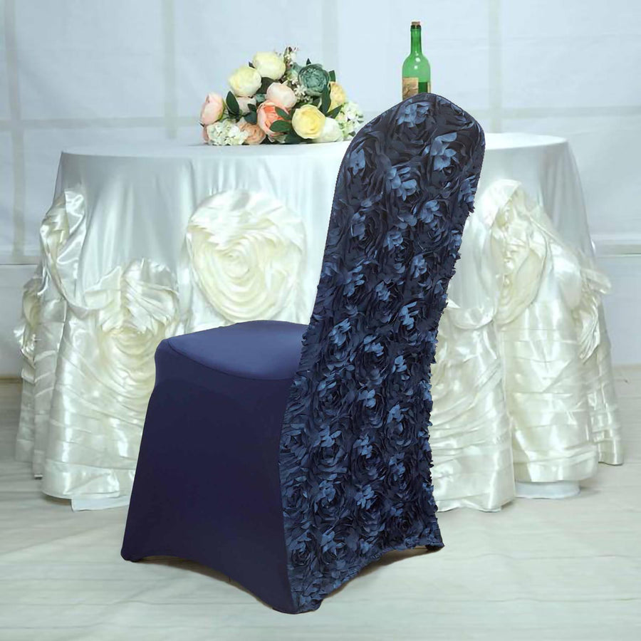 Navy Blue Satin Rosette Spandex Stretch Banquet Chair Cover, Fitted Chair Cover