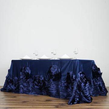 90"x132" Navy Blue Seamless Large Rosette Rectangular Lamour Satin Tablecloth