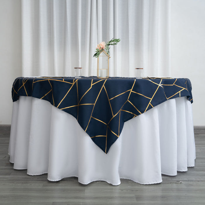 54inch x 54inch Navy Blue Polyester Square Overlay With Gold Foil Geometric Pattern