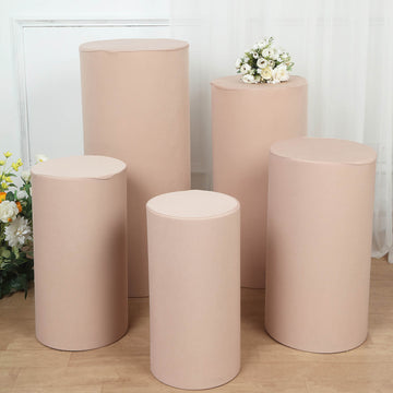 Set of 5 Nude Cylinder Stretch Fitted Pedestal Pillar Prop Covers, Spandex Plinth Display Box Stand Covers - 160 GSM