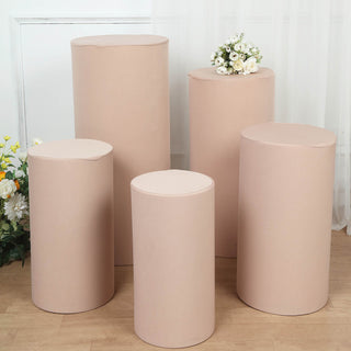 Elevate Your Event with Nude Cylinder Stretch Fitted Pedestal Pillar Prop Covers