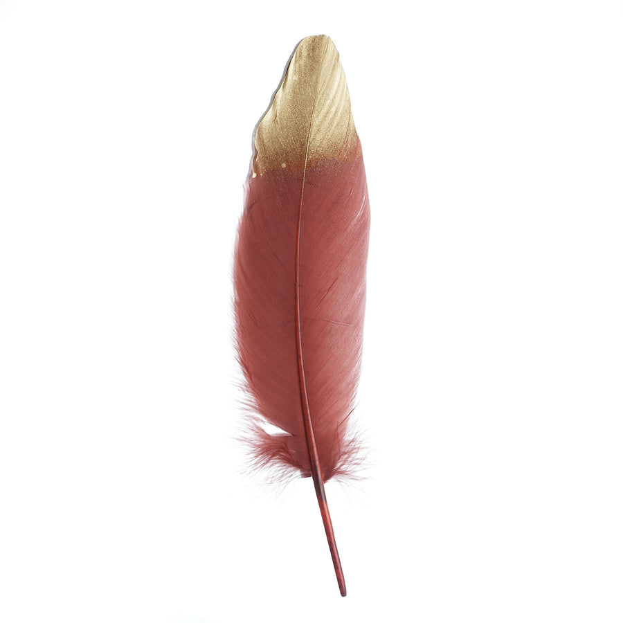 30 Pack | Metallic Gold Dipped Burgundy Real Goose Feathers | Craft Feathers for Party Decoration