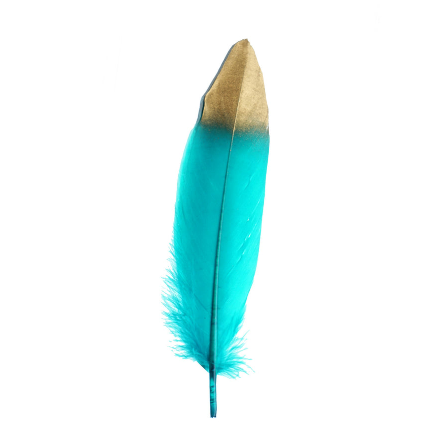 30 Pack | Metallic Gold Dipped Turquoise Real Goose Feathers | Craft Feathers for Party Decoration