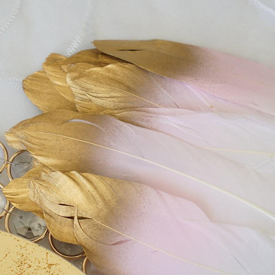 30 Pack | Metallic Gold Tip Dual Tone Real Goose Feathers | Craft Feathers for Party Decoration | Blush / White