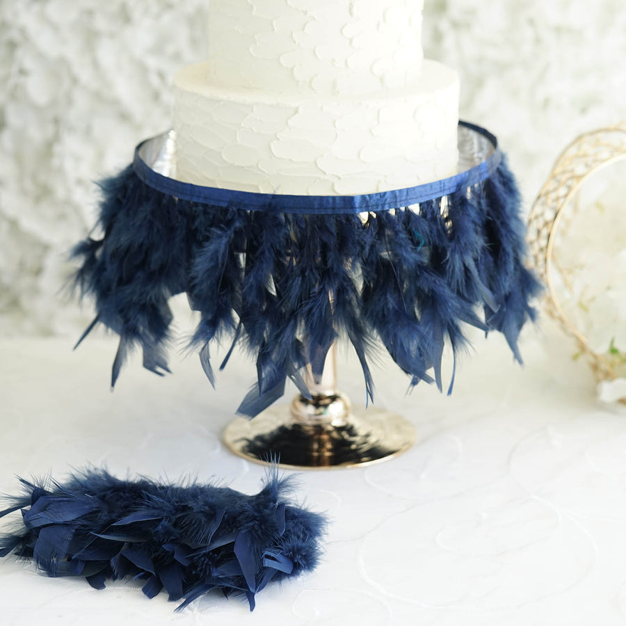39" Navy Real Turkey Feather Fringe Trims With Satin Ribbon Tape