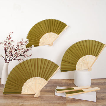 5 Pack Olive Green Asian Silk Folding Fans Party Favors, Oriental Folding Fan Favors