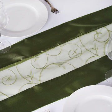 14"x108" Olive Green Satin Embroidered Sheer Organza Table Runner
