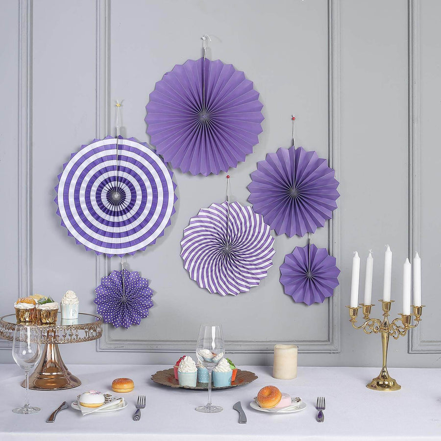 Set of 6 | Purple Paper Fan Decorations | Paper Pinwheels Wall Hanging Decorations Party Backdrop Kit | 8" | 12" | 16"