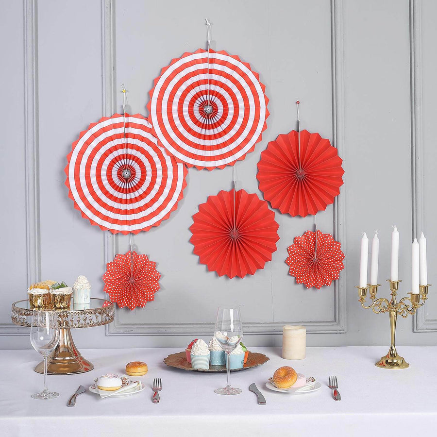 Set of 6 | Red Paper Fan Decorations | Paper Pinwheels Wall Hanging Decorations Party Backdrop Kit | 8" | 12" | 16"
