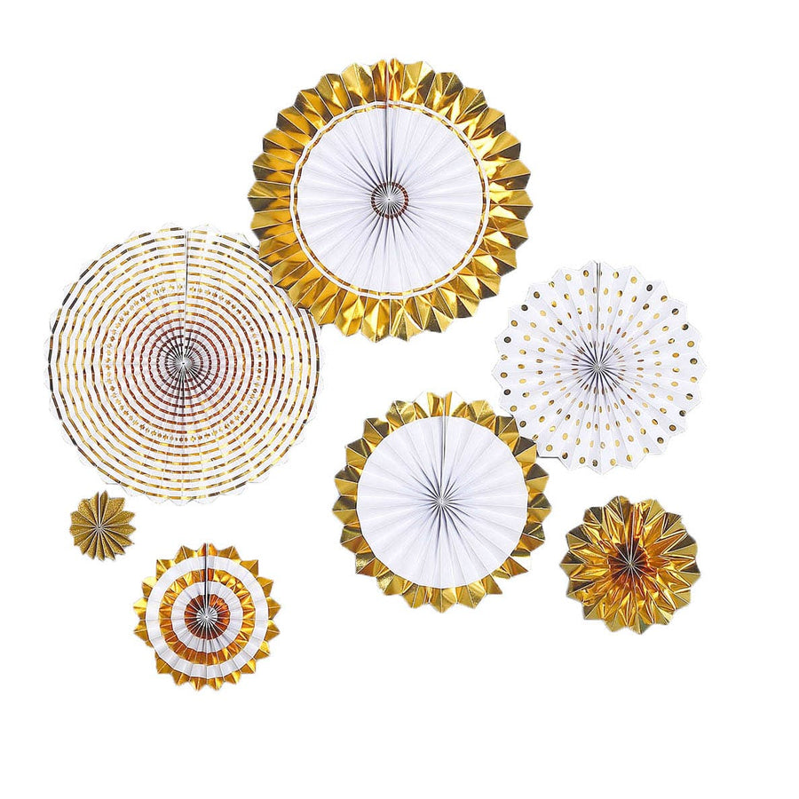 Set of 8 | Gold | White Paper Fan Decorations | Paper Pinwheels Wall Hanging Decorations Party Backdrop Kit | 4" | 8" | 12" | 16"#whtbkgd