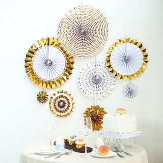 Add Vibrant Flair to Your Event with Gold and White Hanging Paper Fan Decorations