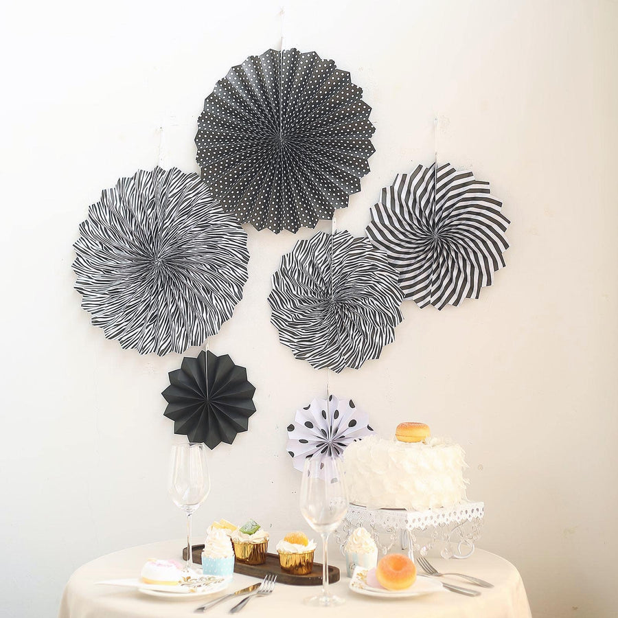 Set of 6 | Black | White Paper Fan Decorations | Paper Pinwheels Wall Hanging Decorations Party Backdrop Kit | 8" | 12" | 16"