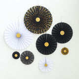 Pack of 8 | Polka Dots Paper Fan Set | Paper Pinwheels Wall Hanging Decorations Party Backdrop Kit | 4" | 8" | 12" | 16" | Black / Gold / White