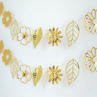 Add Shimmer and Elegance with the 7ft Gold Foiled Paper Assorted Flowers / Leaves Hanging Garland Banner