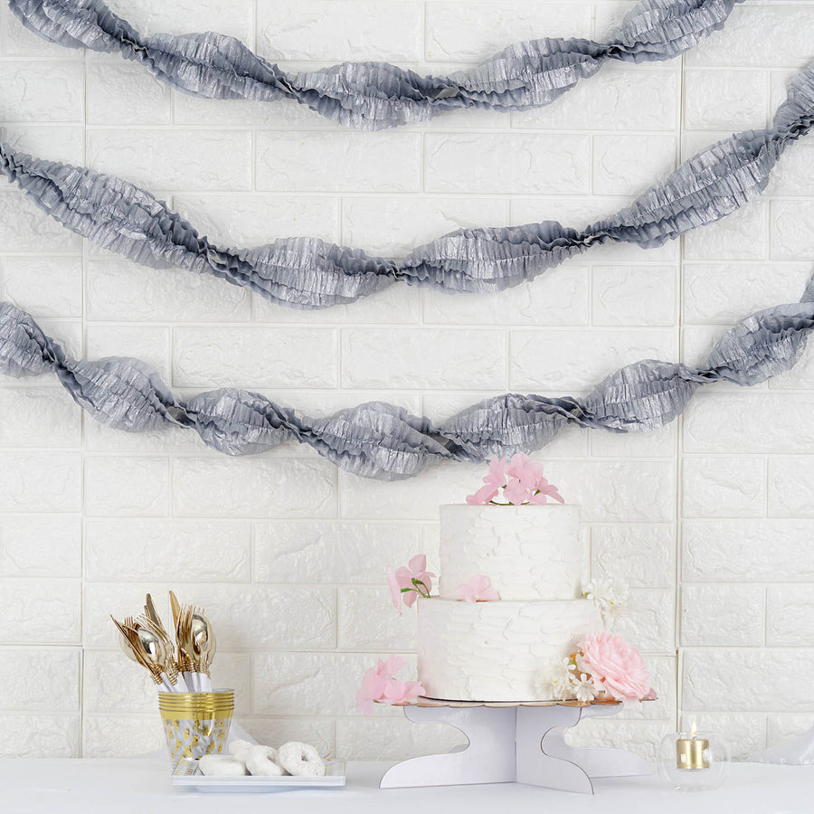 3 Rolls | 28ft Silver Ruffled Tissue Paper Party Streamers, Crepe Paper Backdrop Decorations