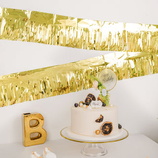 Add Elegance and Glamour to Your Event with the 16ft Metallic Gold Foil Tassel Fringe Backdrop Banner