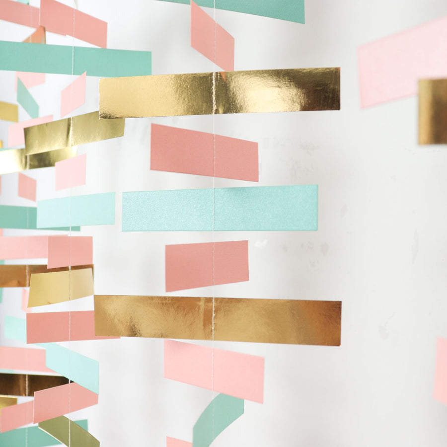 Gold, Blush & Turquoise Confetti-Like Paper Party Garland Streamer, Hanging Backdrop Decoration#whtbkgd
