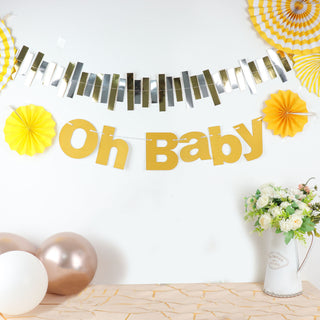 Add a Touch of Glamour to Your Baby Shower with the 3ft Gold Glittered Oh Baby Paper Hanging Baby Shower Garland Banner