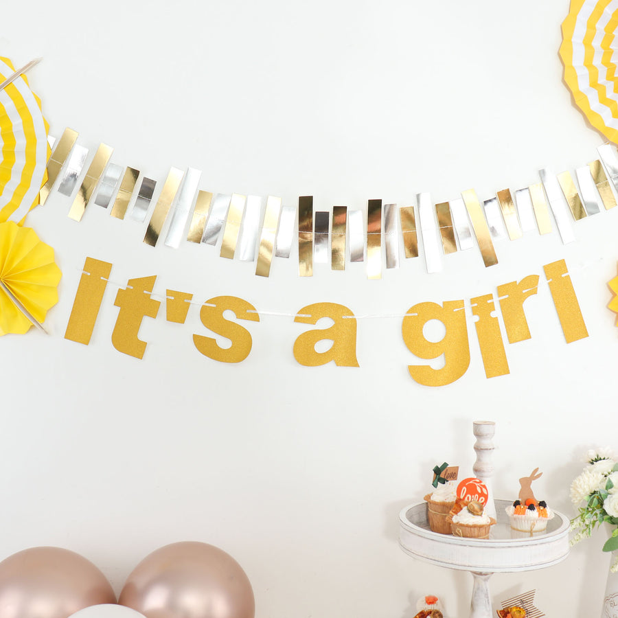 Gold Glittered It's a Girl Paper Hanging Gender Reveal Garland Banner, Baby Shower Banner