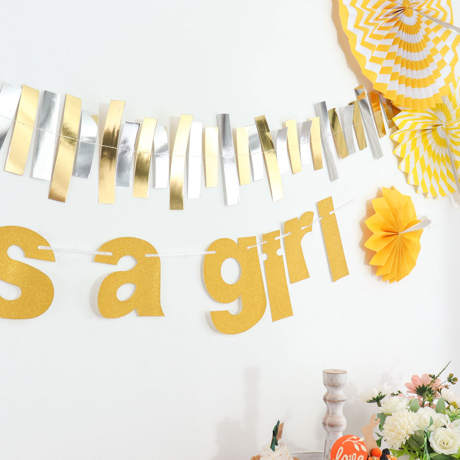 Gold Glittered It's a Girl Paper Hanging Gender Reveal Garland Banner, Baby Shower Banner