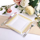 10 Pack | 7inch Gold Polka Dot Rim White Square Disposable Salad Plates, Plastic Dessert Plates