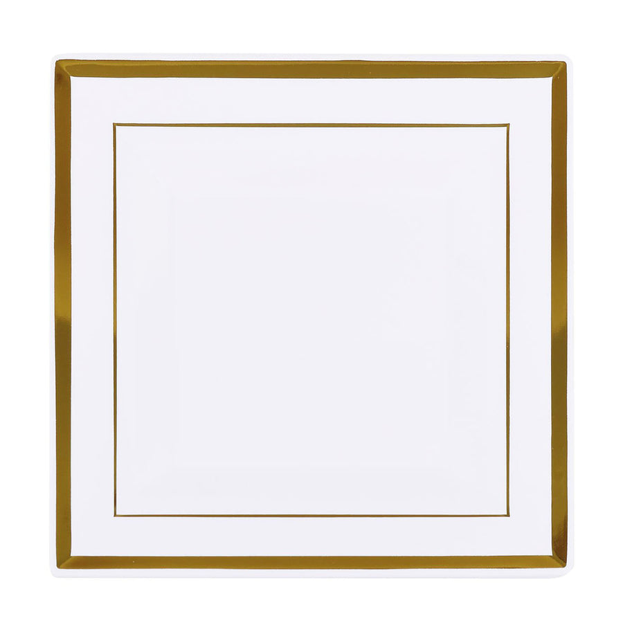 10 Pack - 10inch Gold Trim White Square Plastic Disposable Dinner Plates#whtbkgd