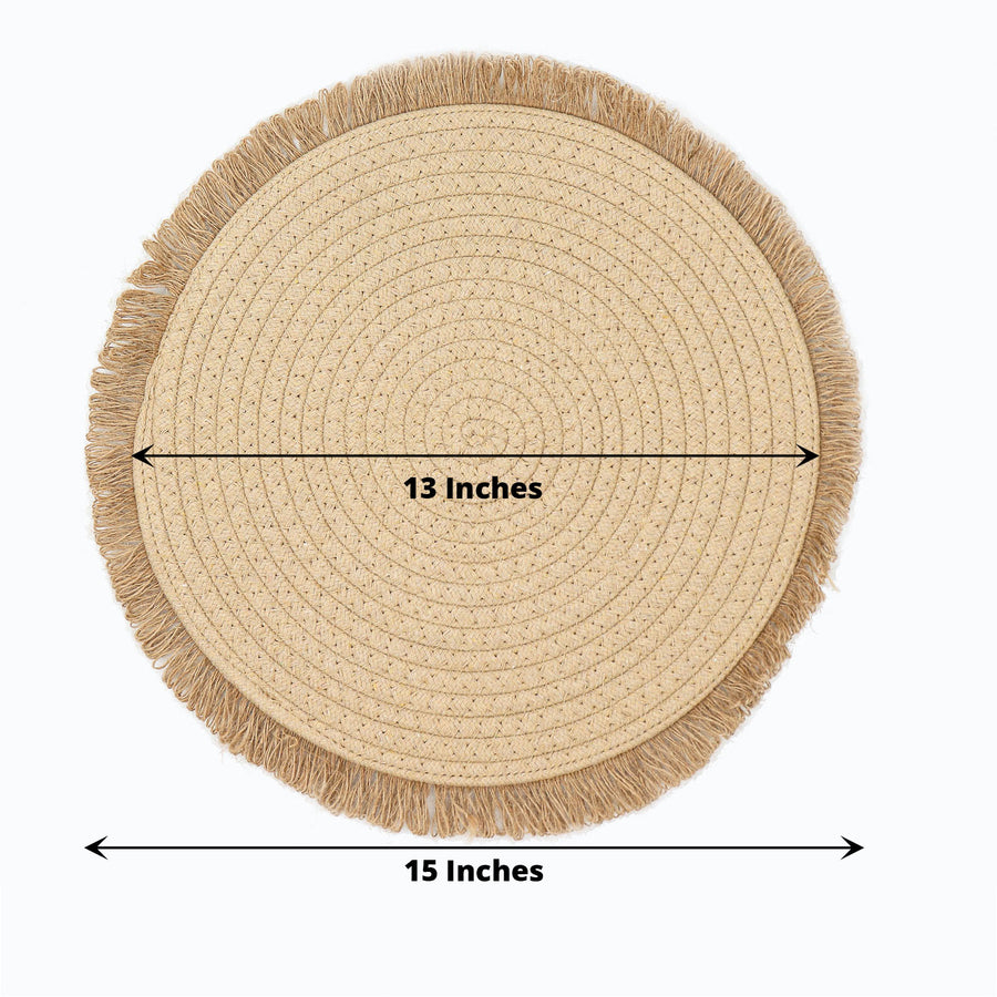15inch Round Natural Rustic Burlap Jute Placemats Fringed Edges, Farmhouse Placemats with Trim