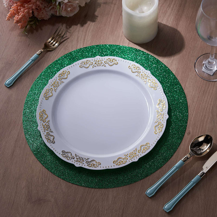 6 Pack | Green Round Sparkle Placemats, Non Slip Glitter Decorative Table Mats