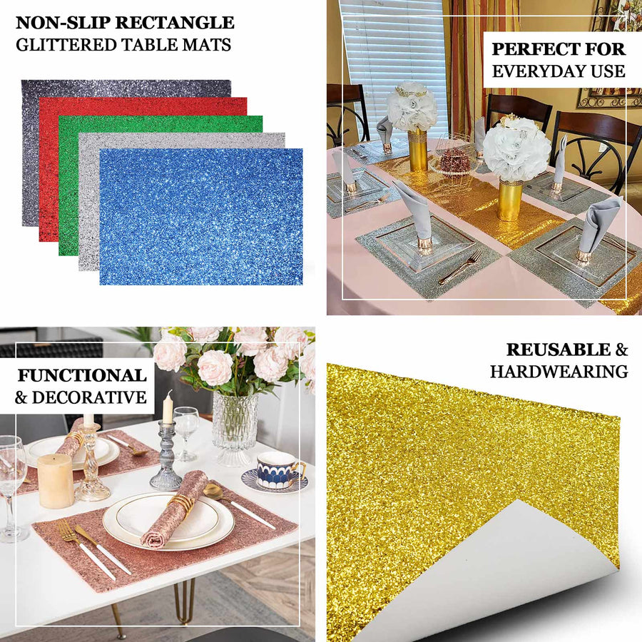6 Pack | Royal Blue Sparkle Placemats, Non Slip Decorative Rectangle Glitter Table Mat