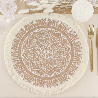Natural Jute and White Mandala Print Placemats - Add Rustic Charm to Your Table