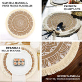 4 Pack | Natural 15inch Jute & White Mandala Print Fringe Placemats