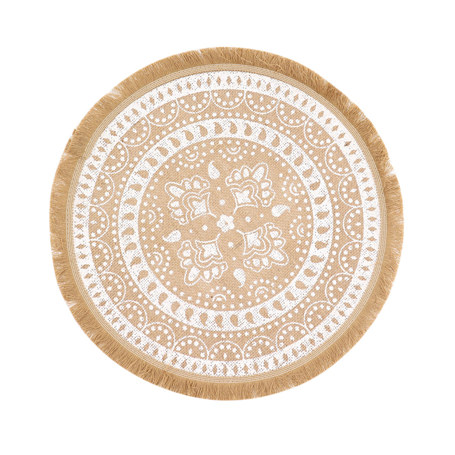 15inch Jute & White Print Fringe Placemats, Rustic Round Woven Burlap Tassel Table Mats#whtbkgd