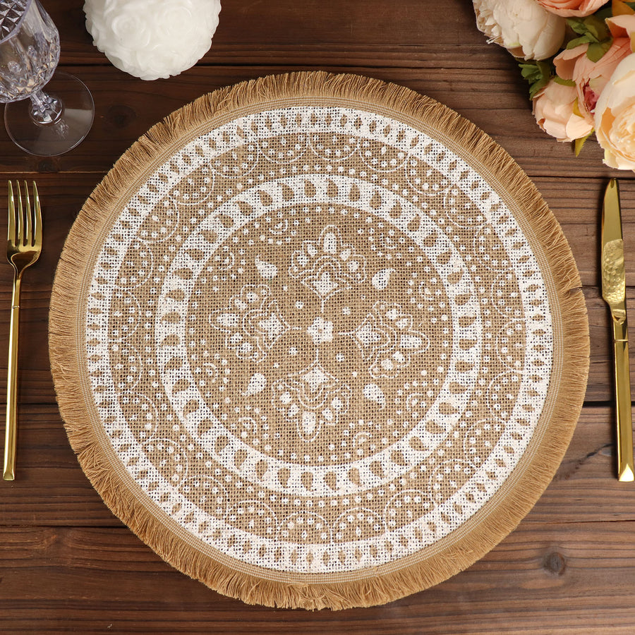 Natural 15inch Jute & White Print Fringe Placemats, Rustic Round Woven Burlap Tassel Table Mats