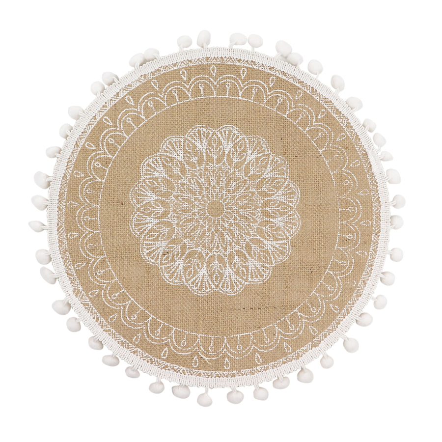 Jute & White Embroidery Mandala Print Placemats, Rustic Round Woven Burlap Tassel Table Mats#whtbkgd