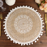 Jute & White Embroidery Mandala Print Placemats, Rustic Round Woven Burlap Tassel Table Mats
