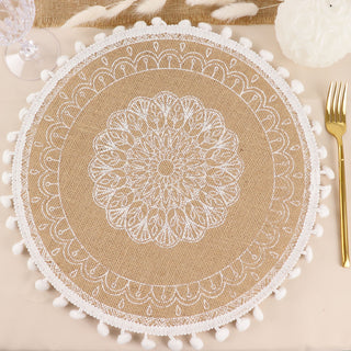 Natural 15" Jute and White Embroidery Mandala Print Placemats