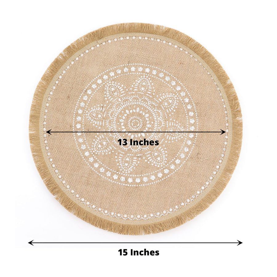 4 Pack | Natural 15inch Jute Fringe White Embroidery Print Placemats