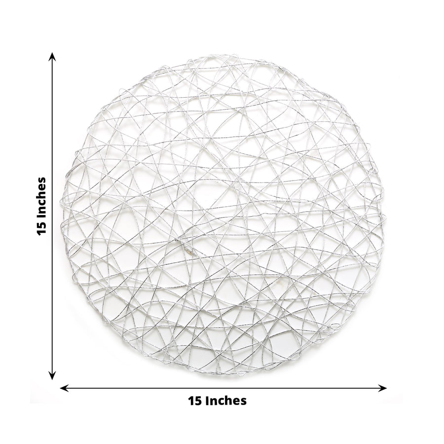 6 Pack | 15inch Silver Metallic String Woven Placemats, Round Table Mats