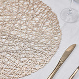 6 Pack | 15inch Champagne Metallic Woven Vinyl Placemats, Non-Slip Round Table Mats