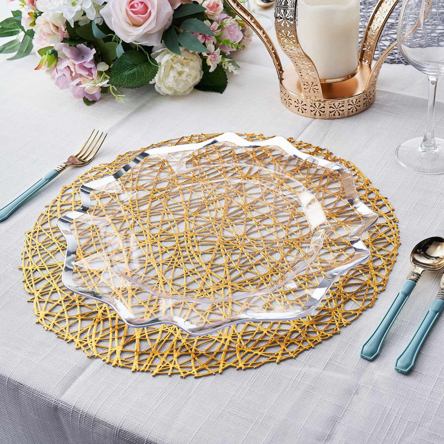 6 Pack | 15inch Gold Metallic Woven Vinyl Placemats, Non-Slip Round Table Mats