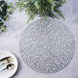 6 Pack | 15inch Silver Metallic Woven Vinyl Placemats, Non-Slip Round Table Mats